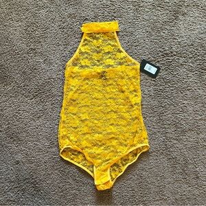size small Frederick’s of Hollywood canary yellow lace lingerie bodysuit